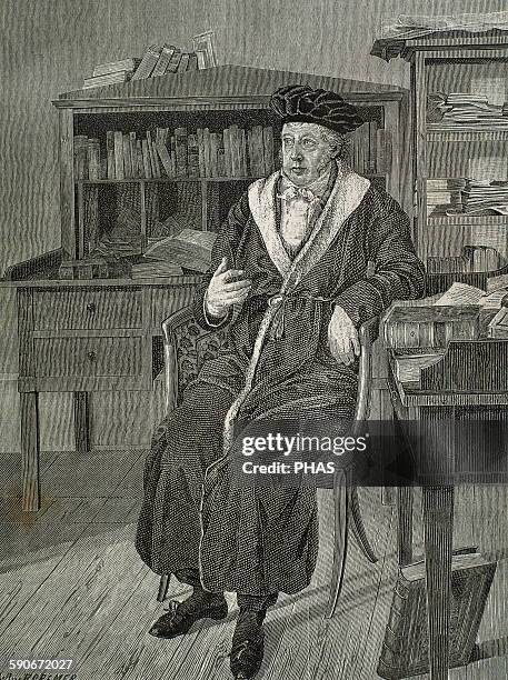 Georg Wilhelm Friedrich Hegel . German philosopher. Hegel in his study. Portrait. Engraving by R. Cremer.