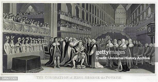 The coronation of King George IV of England in 1820; engraved by J. Chapman from a painting by J. Fussell.