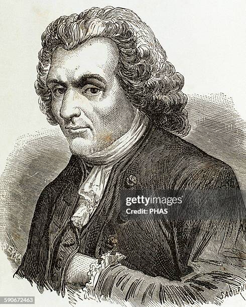 Jean-Jacques Rousseau . Genevan philosopher, writer, and composer. Portrait. Engraving by Sadurni.