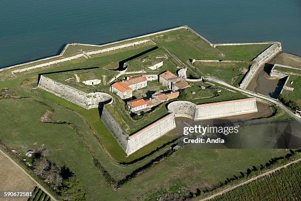 Aerial view over the star-shaped "Fort de la Pree" fortification in the Charente-Maritime department. Built in 1625 by Argencourt and Le Camus. Fort...