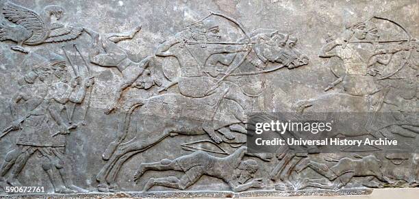 Assyrian Battle scene 865-860 BC, From Nimrud, Iraq, North-West Palace, Room B, panel 9. Assyrian cavalry charge the enemy.