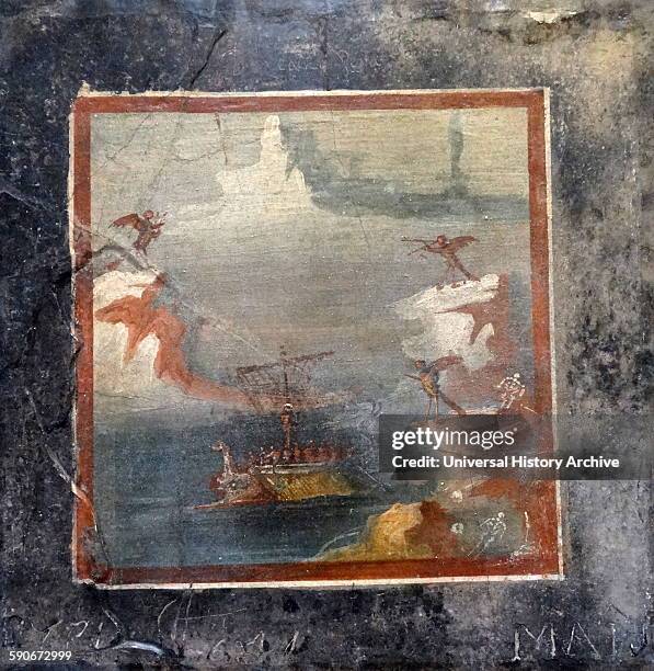 Roman fresco panel from a painted wall: Ulysses resists the songs of the Sirens Roman, about AD 50-75 From Pompeii. Ulysses is tied to the mast of...