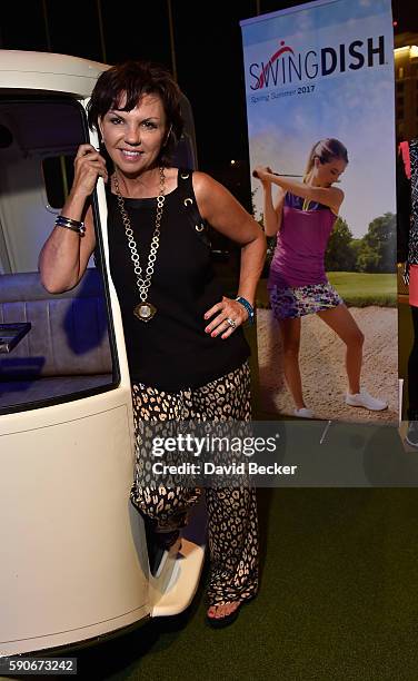 Designer Tricia Covel attends the debut of her SWINGDISH women's golf apparel 2017 spring/summer collection during the PGA show at Topgolf Las Vegas...