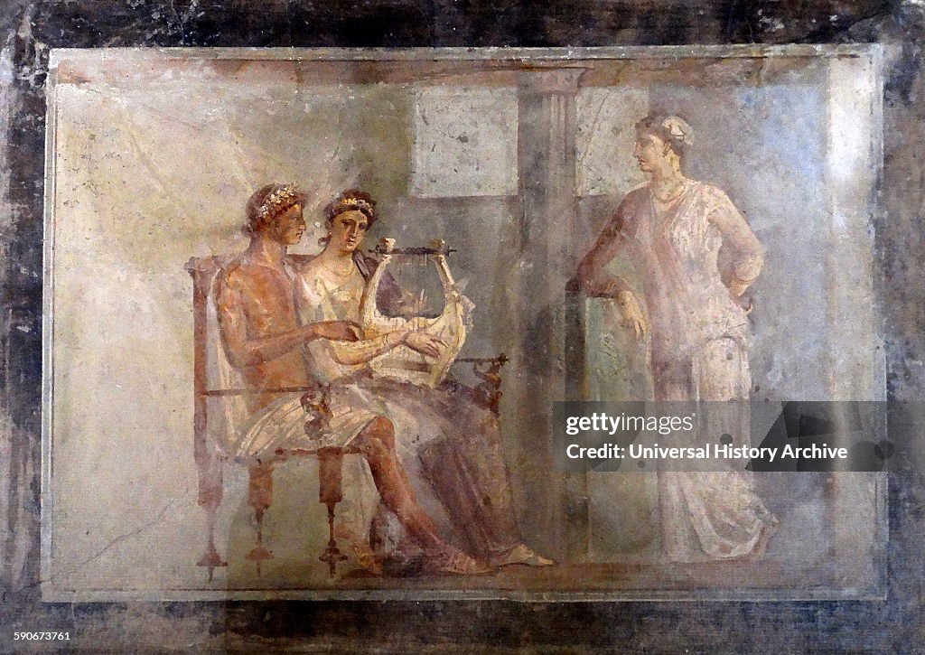 Roman fresco of a woman playing the lyre.
