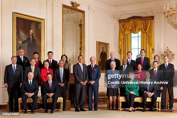 Photograph of President Barack Obama with full cabinet. Left to right: Secretary of Transportation Ray LaHood, Administrator of the Environmental...