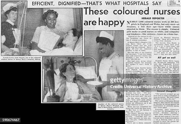 Newspaper article featuring coloured nurses of the National Health Service. Dated 1955.