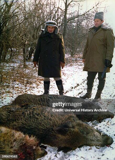 Romanian communist leader, Nicolae Ceausescu, on a hunting trip in 1976.