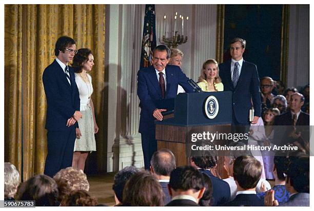 President Richard Nixon announces his resignation as President of the USA in 1974 following the Watergate scandal.