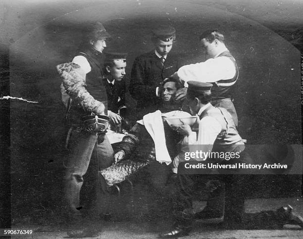 Wounded duellist, Heidelberg, Germany, 1890.