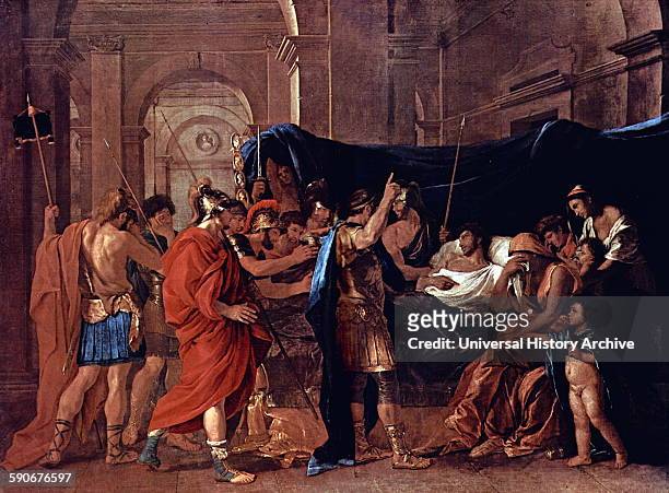The Death of Germanicus by Nicolas Poussin 1627. Roman general Germanicus poisoned by his jealous adoptive father, the emperor Tiberius. On his...