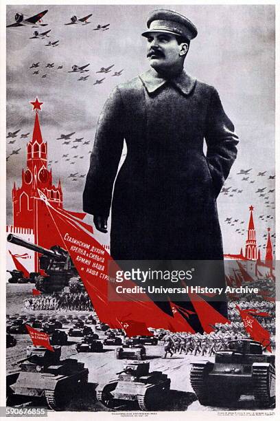 World war two; soviet Russian, patriotic poster depicting Stalin as the leader of the military.