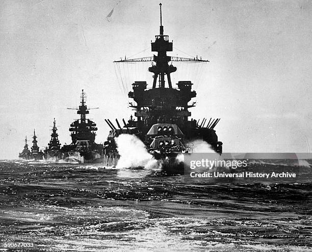 Pennsylvania followed by three cruisers move into Lingayen Gulf in the Philippines, during World War two, 1945.