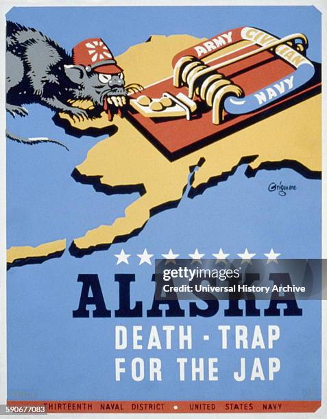 American propaganda poster reading: "Death Trap For The Jap" are aimed at Japan's then occupation of Alaskan islands, in the Aleutian Islands...