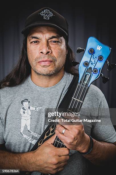 Portrait of American musician Robert Trujillo, bassist with heavy metal group Metallica, photographed backstage at Reading Festival in Berkshire, on...