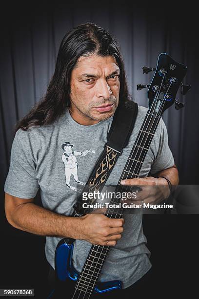 Portrait of American musician Robert Trujillo, bassist with heavy metal group Metallica, photographed backstage at Reading Festival in Berkshire, on...