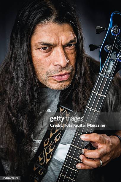 Portrait of American musician Robert Trujillo, bassist with heavy metal group Metallica, photographed backstage at Reading Festival in Berkshire, on...