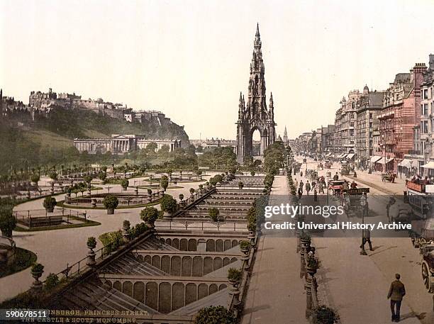 Princes Street, the castle, and Scott Monument, Edinburgh, Scotland 1890.