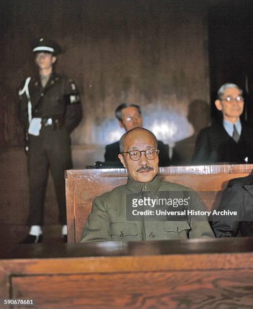 War Crimes Trial of Hideki Tojo general of the Imperial Japanese Army. Prime Minister of Japan during much of World War II. Tojo was arrested,...