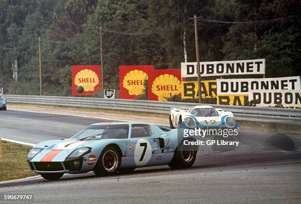 David Hobbs Mike Hailwood Gulf JW team Ford GT40 finished 3rd, 12 is Porsche 917 Langheck Longtail driven by Vic Elford and Richard Attwood, Le Mans...