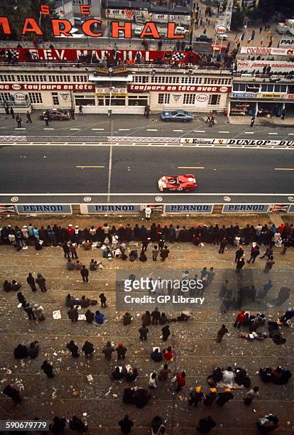 De Adamich and Vaccarella Alfa Romeo T33 on the start finish straight, Le Mans on Sunday morning, 16 June 1972.