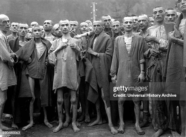 Photograph of Ebensee concentration camp prisoners. Established by the SS to build tunnels for armaments storage near the town of Ebensee, Austria in...