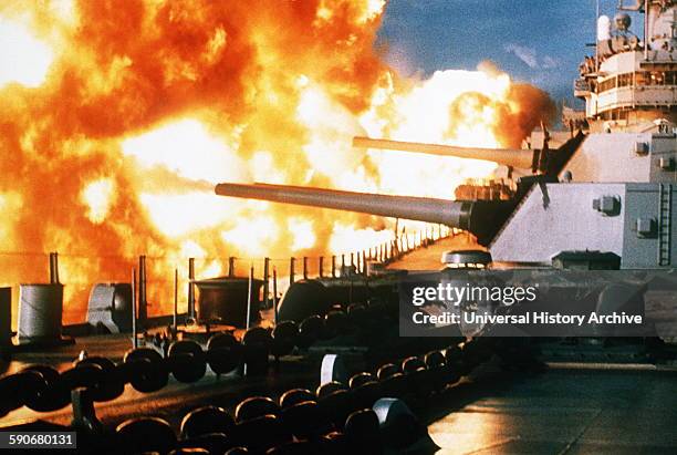 Battleship USS New Jersey firing a salvo during deployment off Beirut, Lebanon, 9 Jan 1984.