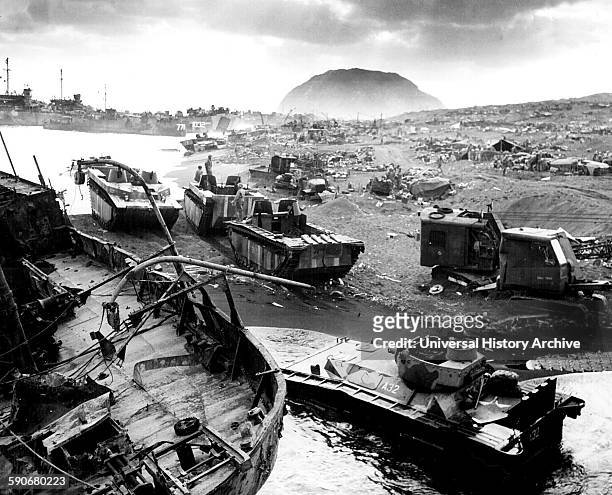 Photograph of the US Forces landing in Iwo Jima Bonin Islands, Japan. Dated 1945.