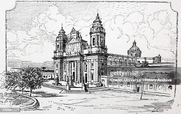 Illustration of the Cathedral of Guatemala City. Also known as the Metropolitan Cathedral, officially Catedral Primada Metropolitana de Santiago, is...