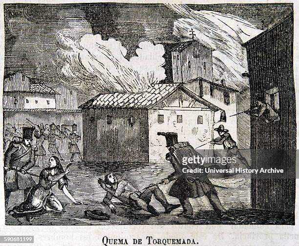 Engraving depicting the burning Torquemada, Palencia, in the province of Palencia, Castile and León, Spain. Dated 1808.