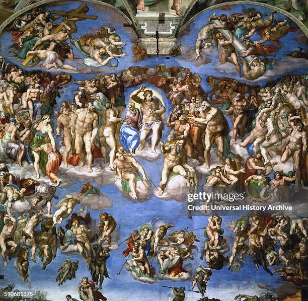 Fresco titled 'The Last Judgment' by Michelangelo di Lodovico Buonarroti Simoni an Italian sculptor, painter, architect, poet, and engineer of the...