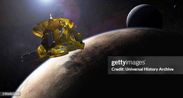Painting depicting the new horizons space probe as it approaches Pluto. Dated 2015.