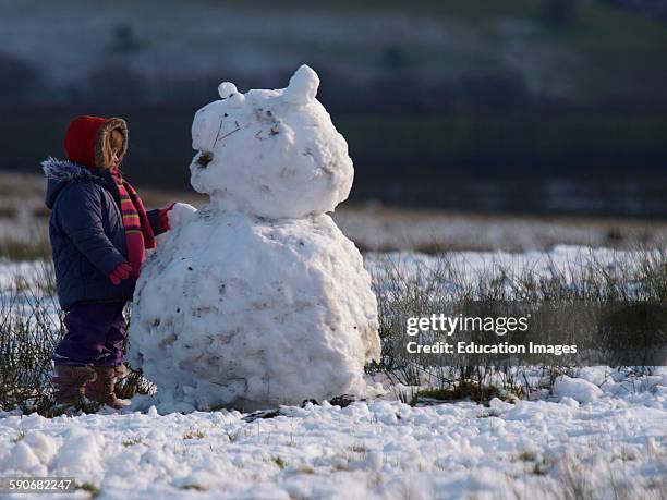 Young girl building a snowman, Exmoor, Somerset, UK.