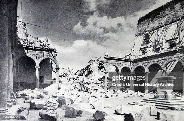 Ruined structures in Simancas, central Spain, located in the province of Valladolid, during the Spanish Civil War.