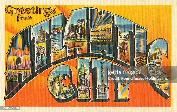 Vintage large letter illustrated postcard ‘Greetings from Atlantic City’ showing scenes from the famous boardwalk in New Jersey.