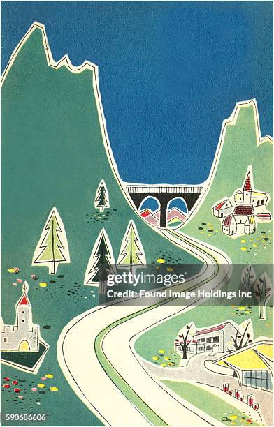 Vintage European travel poster illustration of a village in the Swiss Alps.