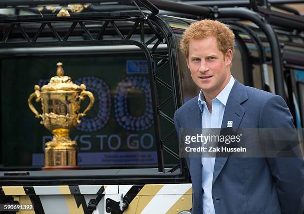 Prince Harry attending the launch of the Rugby World Cup Trophy Tour, 100 Days Before the Rugby World Cup 2015 at Twickenham Stadium in London.