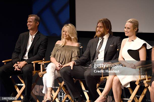 In this handout photo provided by Discovery, Actors Matt Battaglia, Heather Locklear, Brock O'Hurn and Danielle Savre speak onstage at TLC "Too Close...