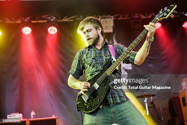 Bassist Tim Ward of American hard rock group The Fall Of Troy performing live on stage at ArcTanGent Festival in Somerset, on August 21, 2015.