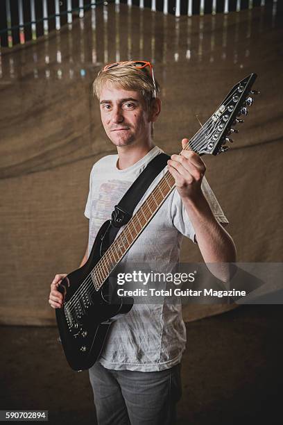 Portrait of French musician Remi Gallego of hard rock group The Algorithm, photographed backstage at ArcTanGent Festival in Somerset, on August 21,...