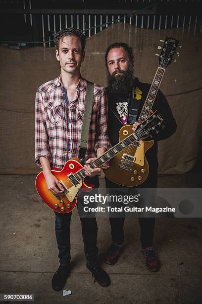 Portrait of Spanish musicians Esteban Jimenez and Víctor Garcia-Tapia, guitarists with instrumental rock group Toundra, photographed backstage at...