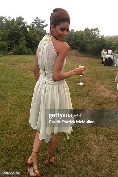 Model Wearing Junko Yoshioka attends Junko Yoshioka Presents Her Evening Wear Collection at Peter and Nejma Beard Residence on July 16, 2005 in...