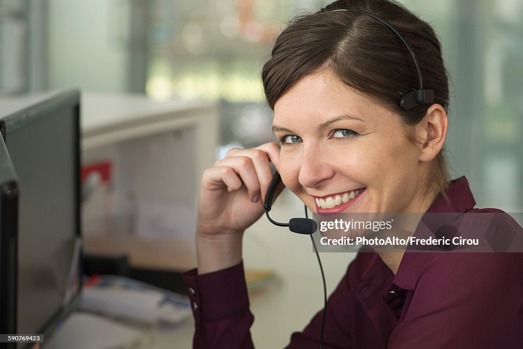 Making A Work Call Office Worker Making Phone Call Using Handsfree Device High-Res Stock ...