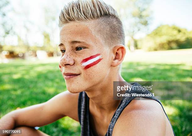 austria, vienna, portrait of teenage boy with national colors painted on his cheek - austria flag stock pictures, royalty-free photos & images