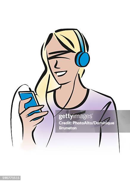 illustration of woman listening to music with headphones - blonde woman stock-grafiken, -clipart, -cartoons und -symbole