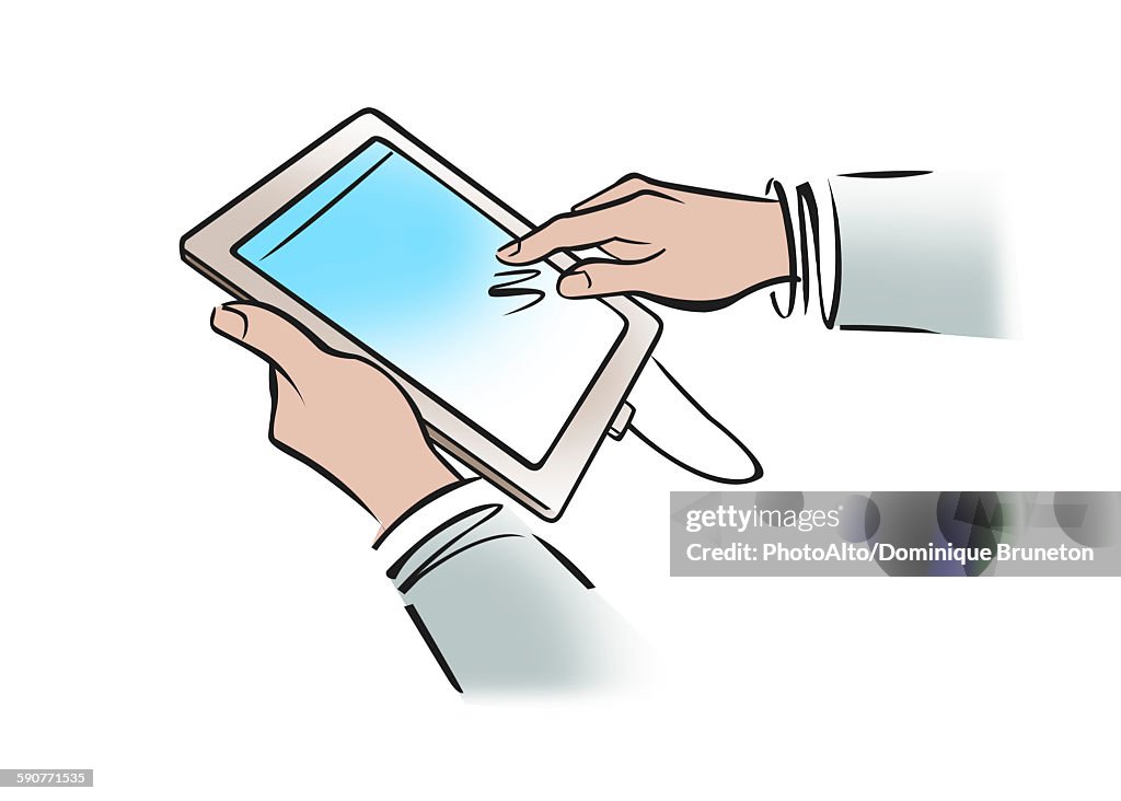 Illustration of businessmans hands holding digital tablet