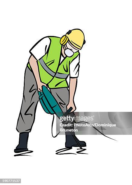 illustration of construction worker using jackhammer - roadworks stock illustrations