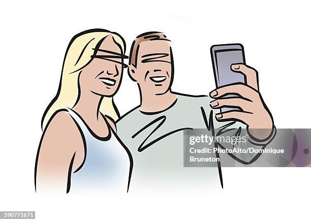 illustration of couple using smartphone to take a selfie - man remembering stock illustrations