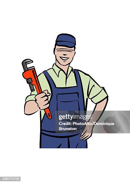 illustration of plumber holding wrench - home improvement stock illustrations