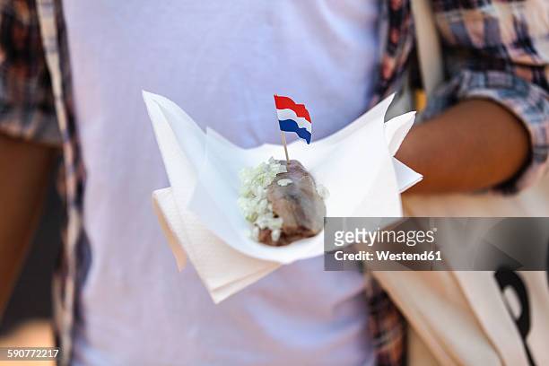 woman holding napking with matjes herring and dutch flag - aringa foto e immagini stock