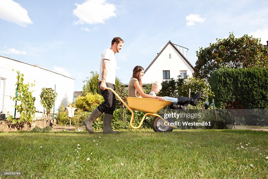 Man pushing wheelbarrow with mother and his little son through the garden